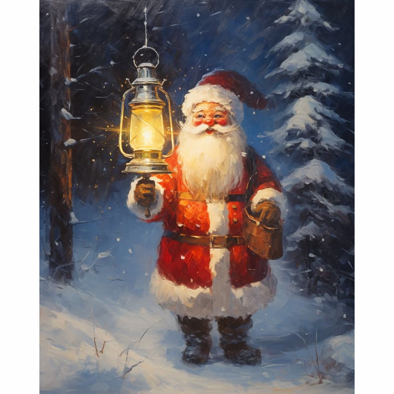 Painting of Santa Claus holding a lantern in a snowy landscape