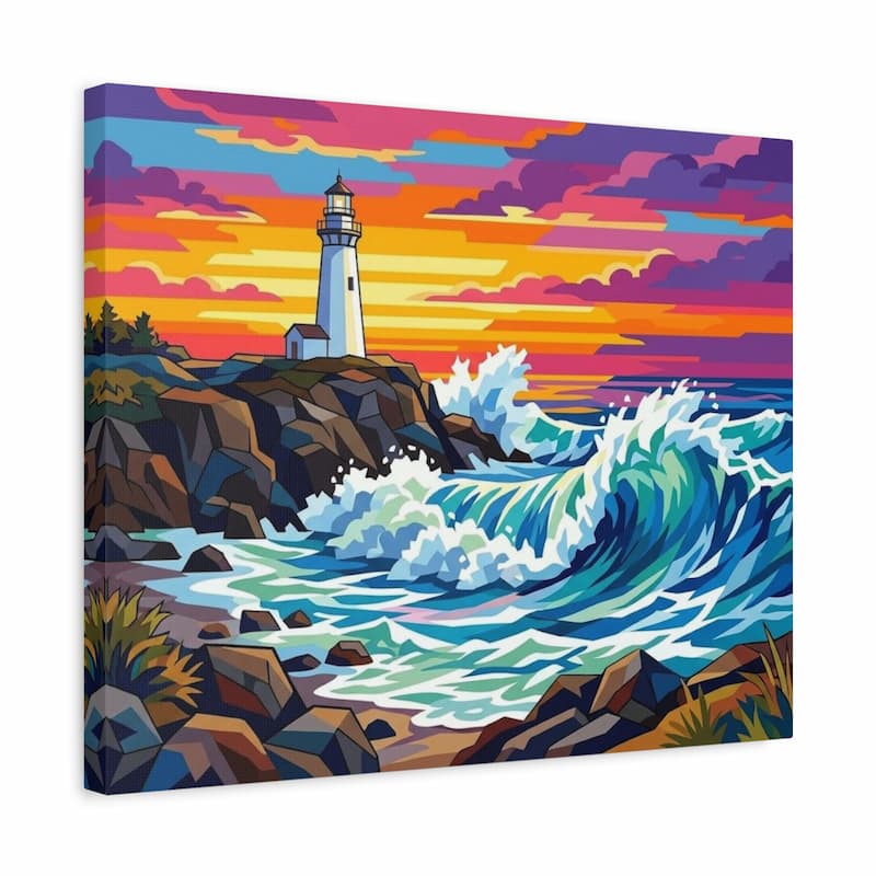 Canvas print of a lighthouse scene with colorful waves and sky.