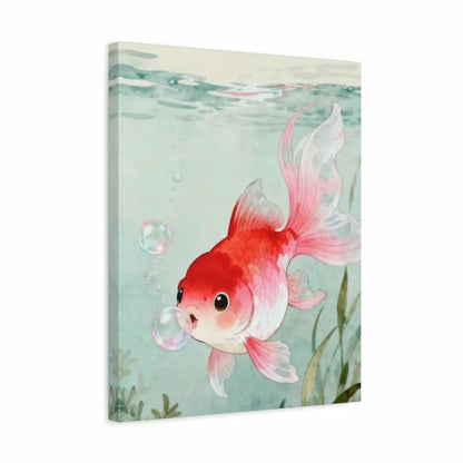 A square canvas wall art print featuring a watercolor-style red and white goldfish swimming underwater in a pale green-blue sea with bubbles and seaweed.