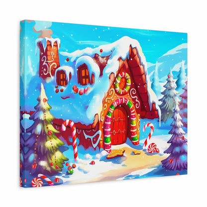 Canvas print of a gingerbread house scene with candy cane trees and gingerbread men on a snowy background.