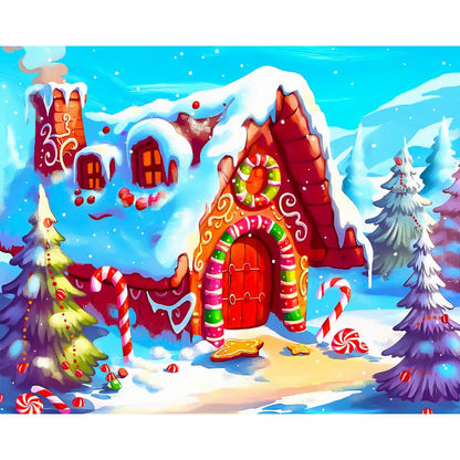 Colorful gingerbread house in a snowy landscape with candy canes and trees.