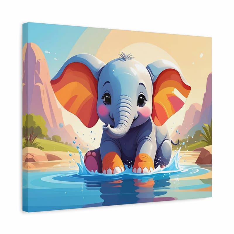 Colorful elephant painting with a mountain and water background