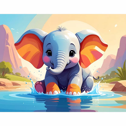 Colorful cartoon elephant playing in water with a rainbow-shaped ear against a mountainous background.