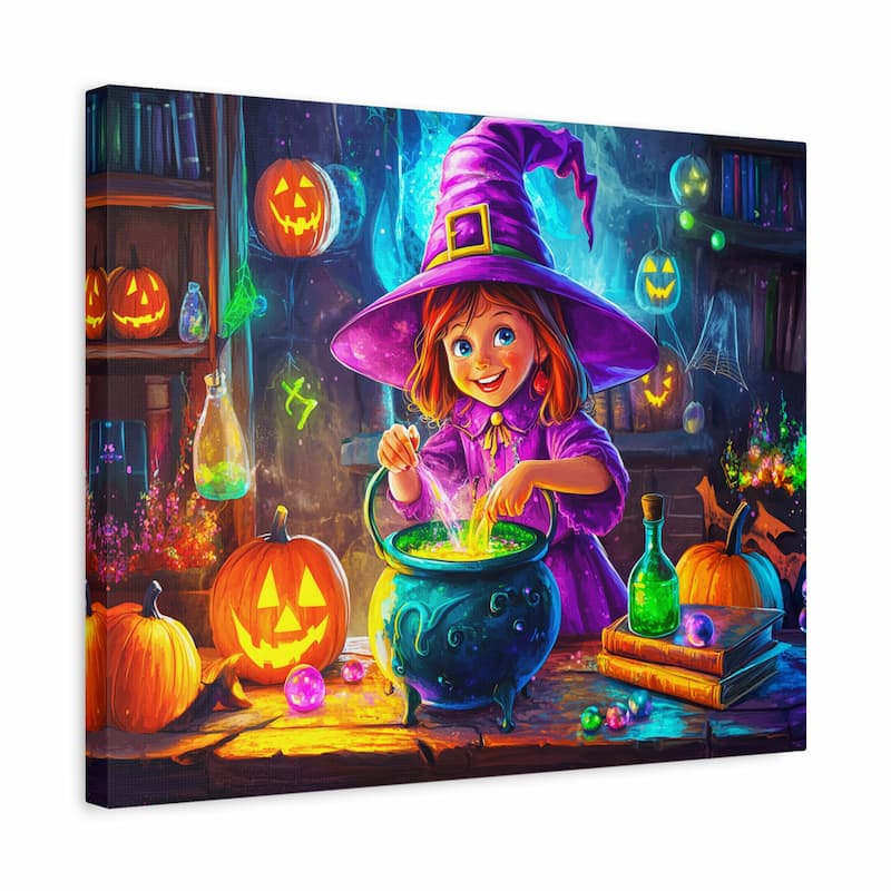 Halloween-themed painting of a witch in a purple hat stirring a pot with pumpkins and books in the background.