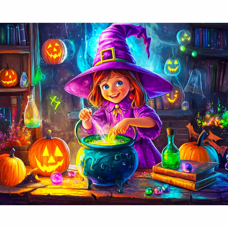 Child in a purple witch costume stirring a pot with Halloween decorations around