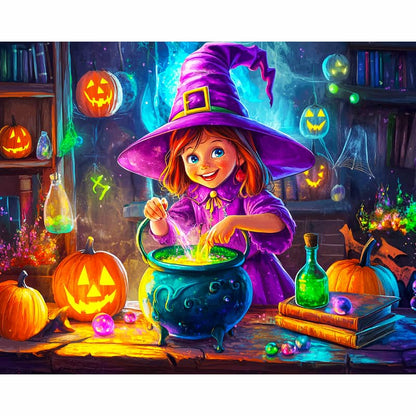 Child in a purple witch costume stirring a pot with Halloween decorations around