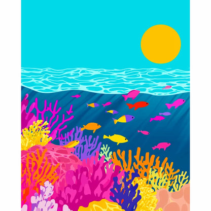 Colorful underwater scene with fish and coral, set against a blue sky with a yellow sun.