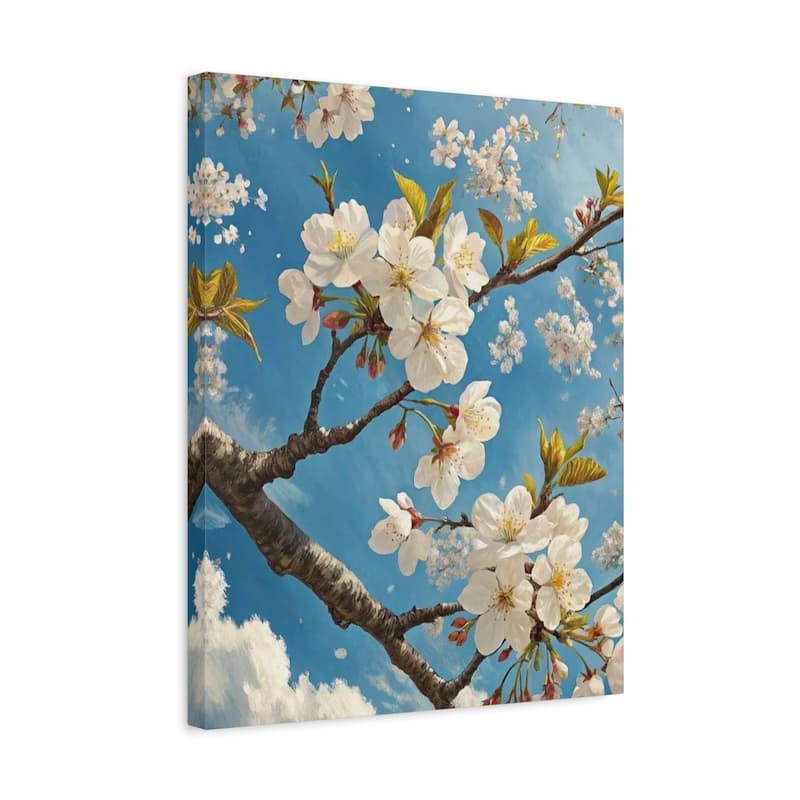 A square canvas wall art print featuring white cherry blossoms on branches against a bright blue sky with soft clouds, shown at a slight angle on a white background.