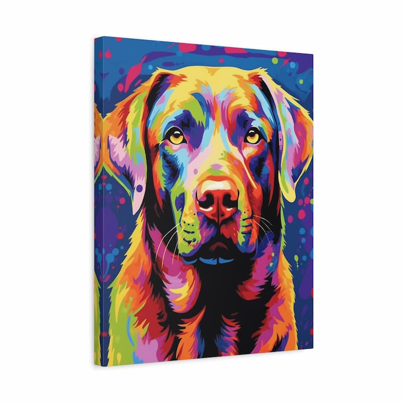 Abstract portrait of a Labrador dog painted in electric blues and fiery oranges - Paint by Numbers Kit shown in a frame