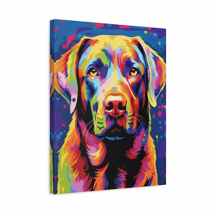 Abstract portrait of a Labrador dog painted in electric blues and fiery oranges - Paint by Numbers Kit shown in a frame