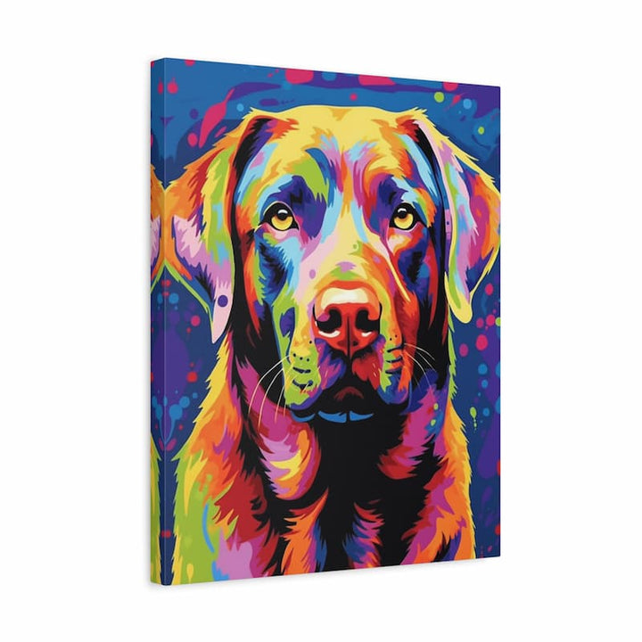 Kit de Peinture par Numéros Loyal en Couleur montrant un portrait de Labrador dans un style pop-art moderne audacieux avec des couleurs néon rose, bleu, jaune, violet et orange sur un fond sombre