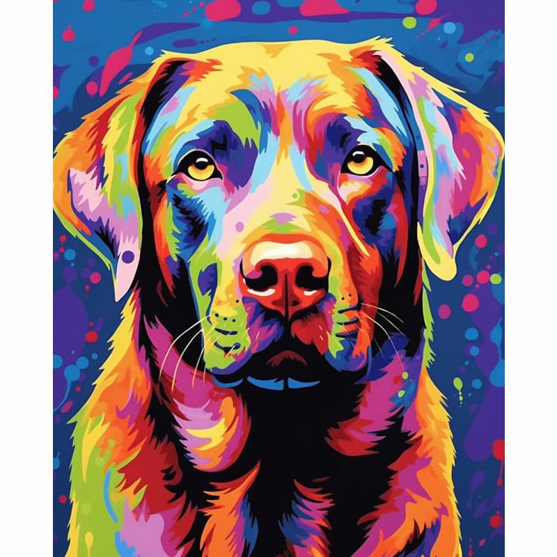 Abstract portrait of a Labrador dog painted in electric blues and fiery oranges - Paint by Numbers Kit