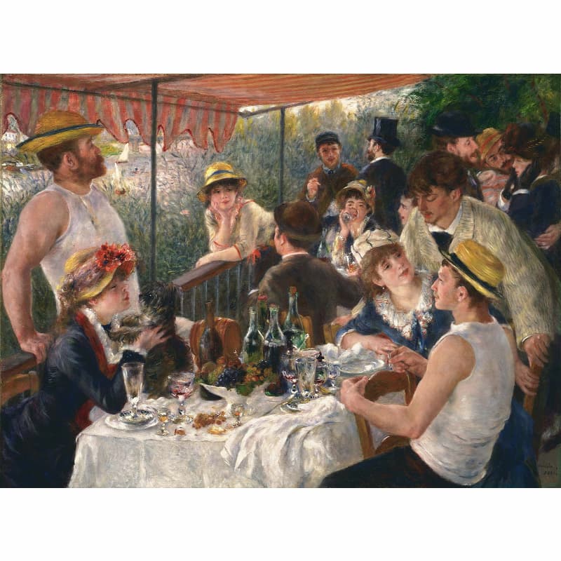 Painting of a lively outdoor cafe scene with people dining and socializing.