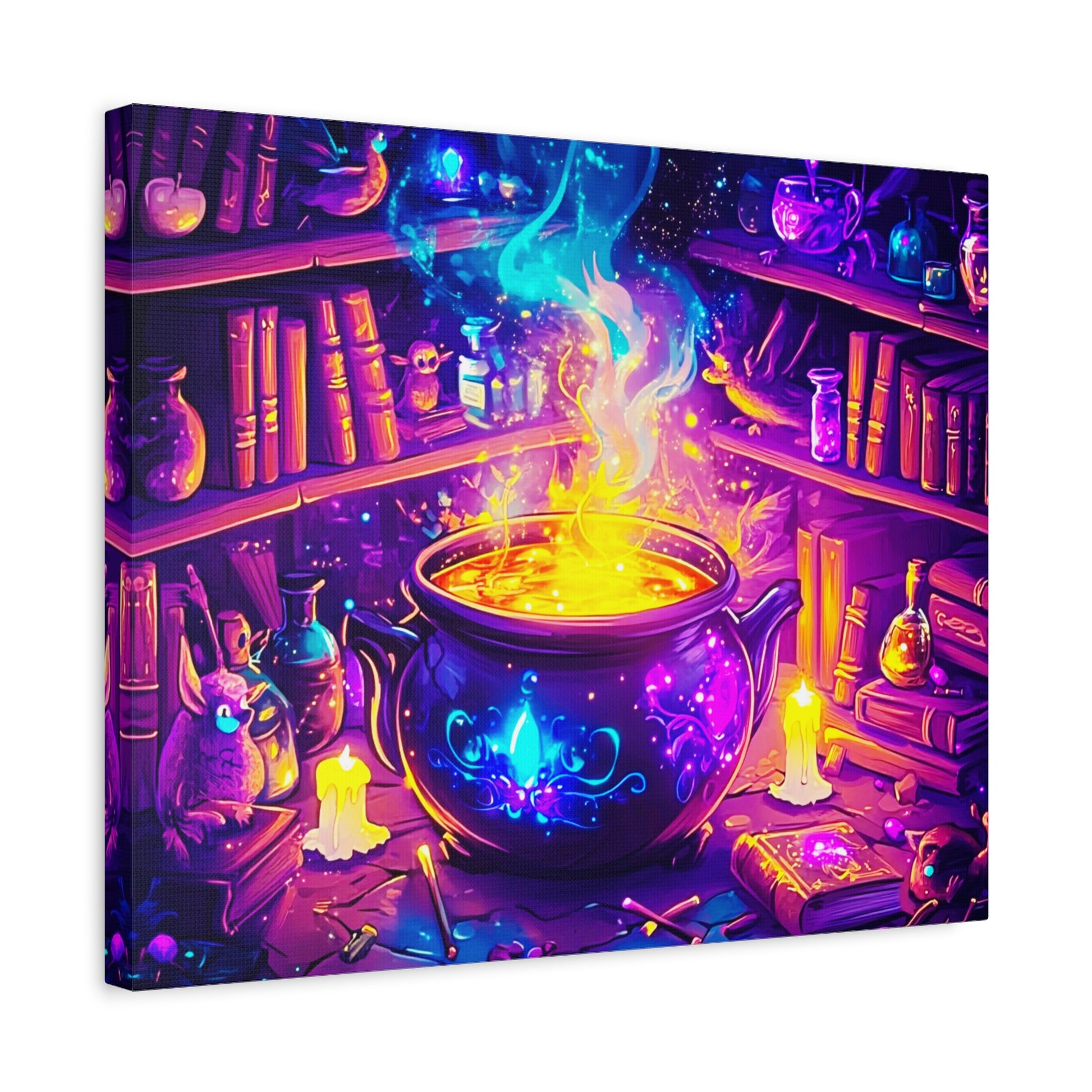 Canvas print of a magical potion in a cauldron with books and potions on shelves.