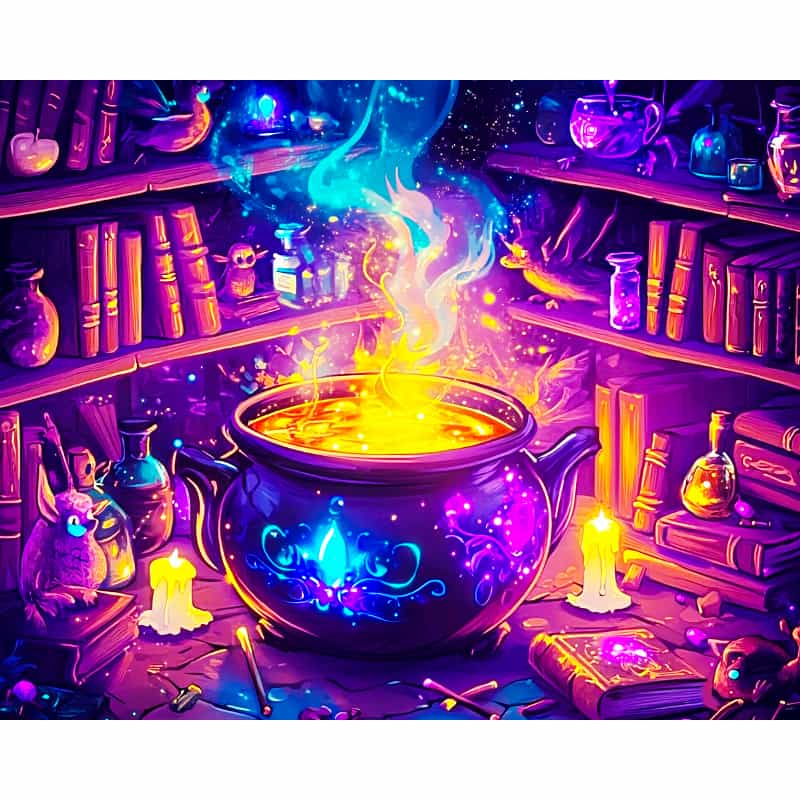 Colorful magical potion in a cauldron surrounded by books and mystical objects.