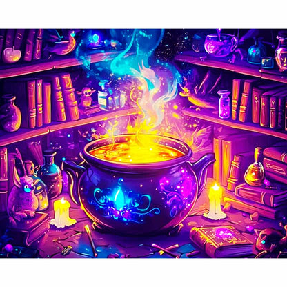 Colorful magical potion in a cauldron surrounded by books and mystical objects.