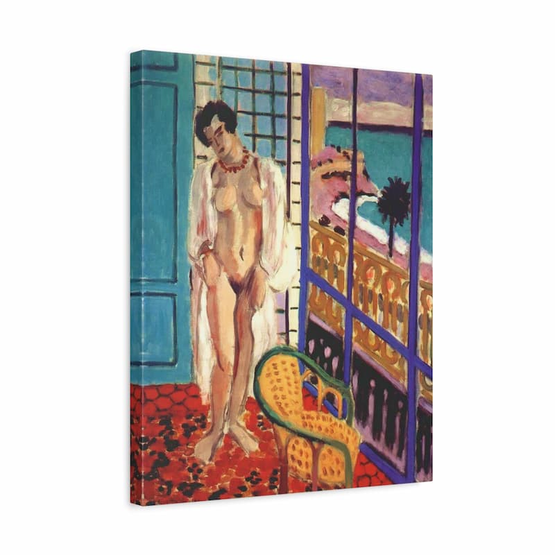 Canvas print of a painting featuring a nude figure in a room with colorful decor.