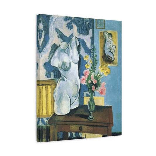 Canvas print of a painting featuring a body figure and flowers on a table.