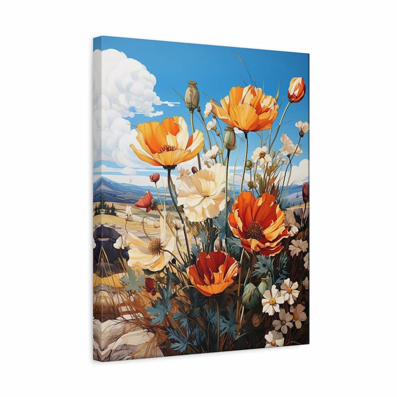 Canvas print of a colorful floral scene with a blue sky and mountains.