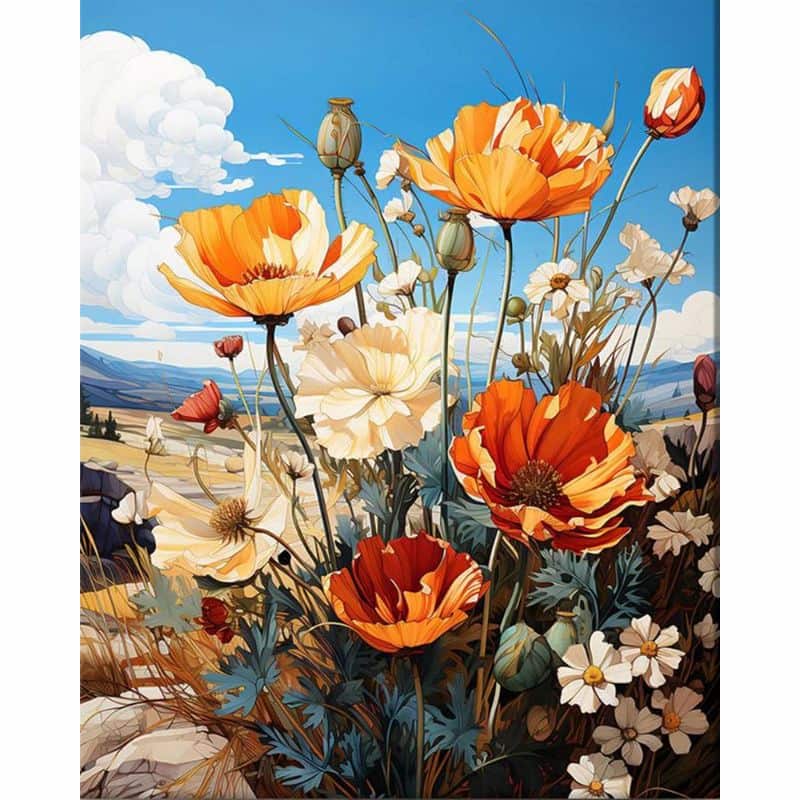 Colorful floral painting with a blue sky and landscape in the background