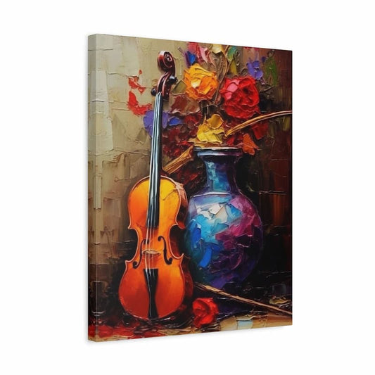Still life painting of a violin resting against a wall next to a blue vase of red and yellow flowers - Paint by Numbers Kit shown in a frame