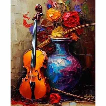 Still life painting of a violin resting against a wall next to a blue vase of red and yellow flowers - Paint by Numbers Kit