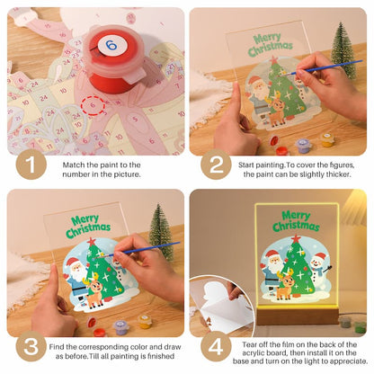 A four-step collage showing how to use a Christmas-themed acrylic painting kit. The kit includes a numbered paint palette, a red paint pot, and a clear acrylic board with a 'Merry Christmas' Santa Claus and tree design.