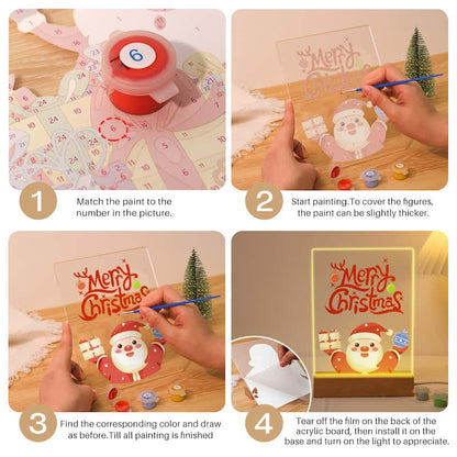 Step-by-step tutorial on creating a Christmas-themed light-up board with paint and adhesive film.