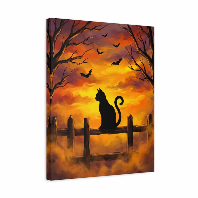 Canvas print of a cat sitting on a fence with a sunset and bats scene.