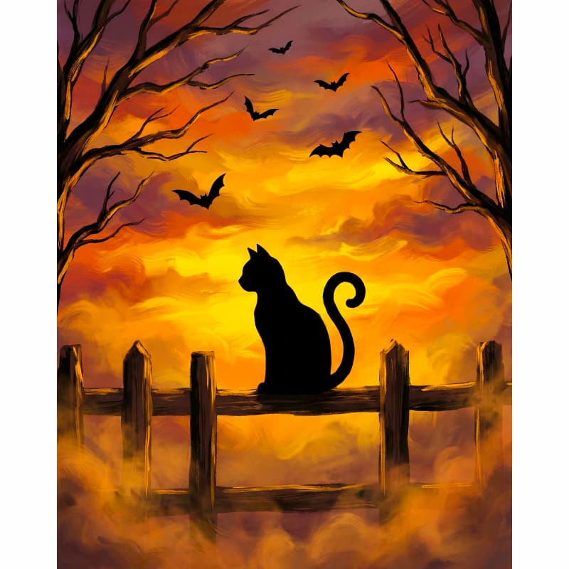 Silhouette of a cat on a fence with bats and a fiery sky
