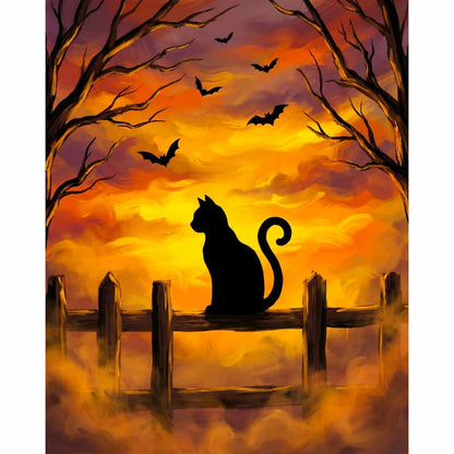 Silhouette of a cat on a fence with bats and a fiery sky