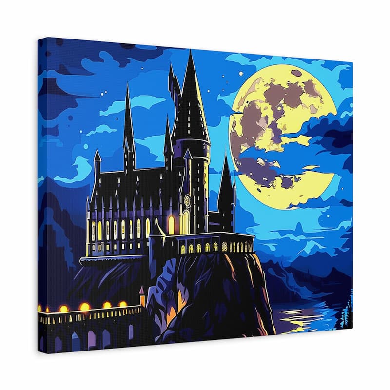 Canvas print of a castle under a moonlit sky with vibrant colors.