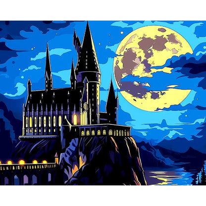 Fantasy castle at night with a large moon in the sky