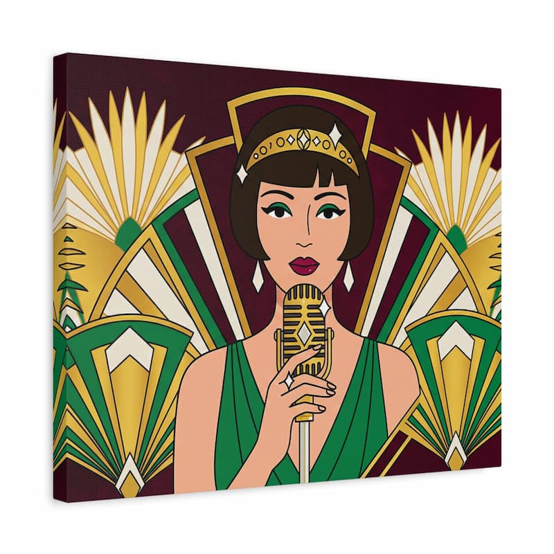 Canvas print of a stylized illustration of a woman holding a microphone with geometric patterns in the background.