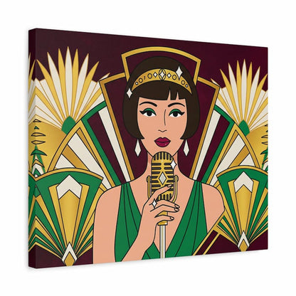 Canvas print of a stylized illustration of a woman holding a microphone with geometric patterns in the background.