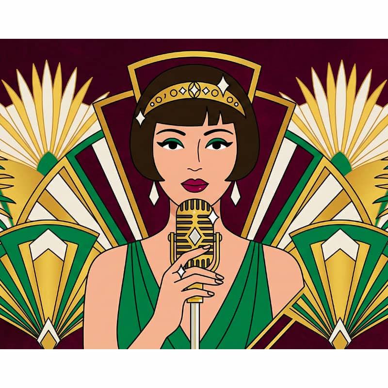 Illustration of a woman in a green dress with a microphone, set against a decorative background.