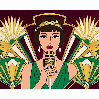 Illustration of a woman in a green dress with a microphone, set against a decorative background.