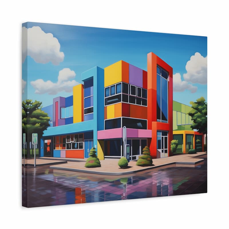 Colorful modern building painting with a blue sky and clouds.