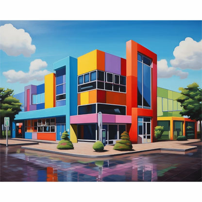 Colorful modern building with geometric design on a clear day