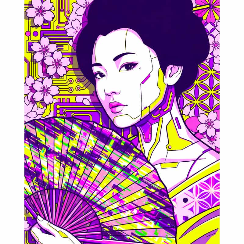 Colorful illustration of a woman holding a fan with geometric patterns and floral elements.