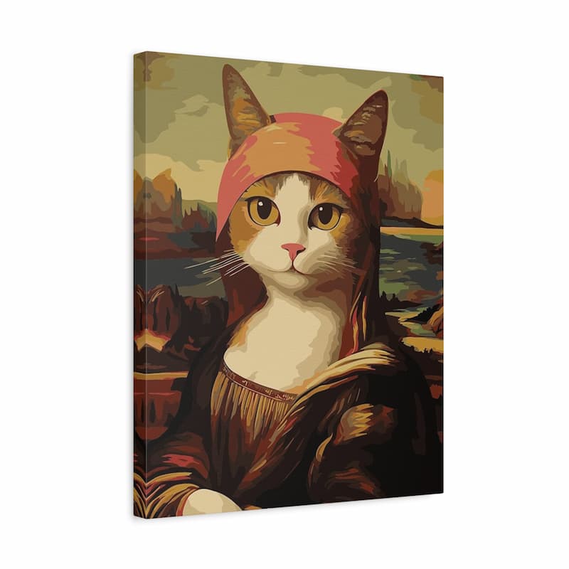 Canvas print of a cat wearing a red headscarf with a landscape background