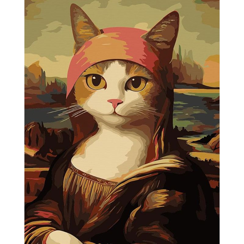 Cat wearing a red hood with a scenic background