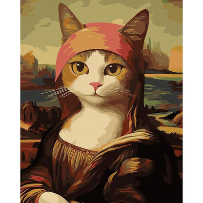 Cat wearing a red hood with a scenic background