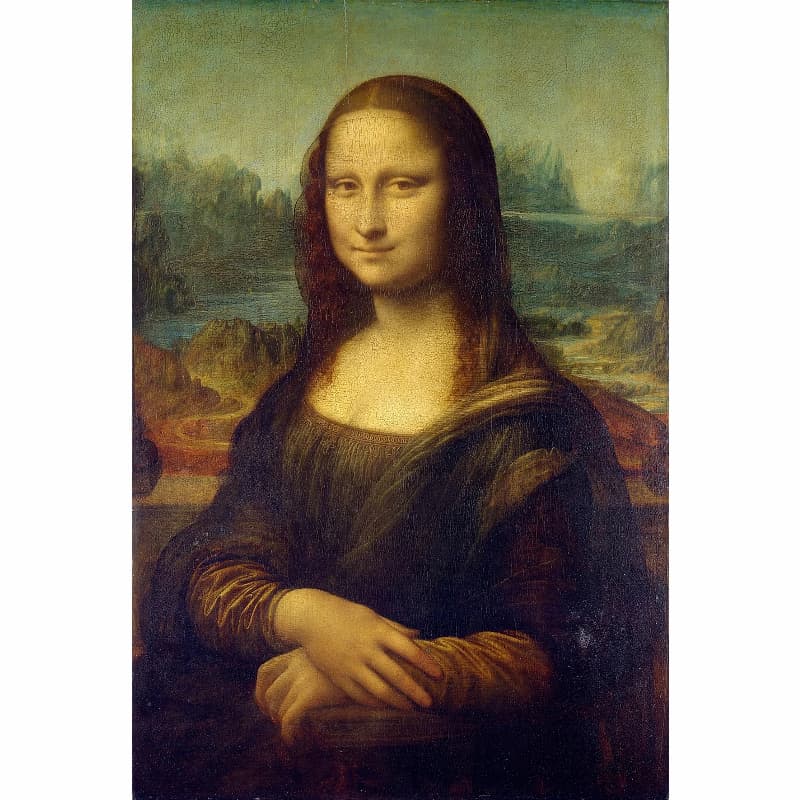 Mona Lisa by Leonardo da Vinci with a landscape background