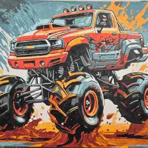 Illustration of a monster truck with large wheels and colorful design