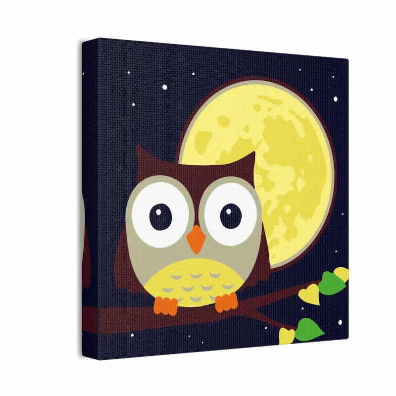 Canvas print with an owl and moon design on a dark blue background
