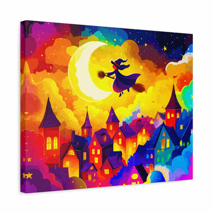Colorful artwork of a witch flying over a town with a moonlit sky.