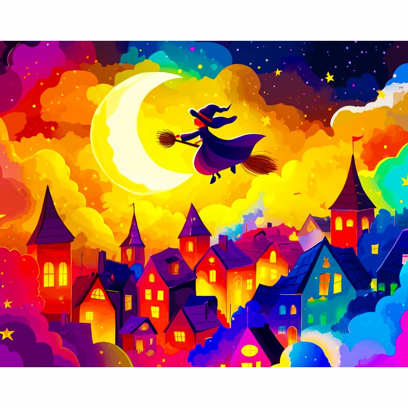 Colorful illustration of a witch flying on a broomstick over a town at night.