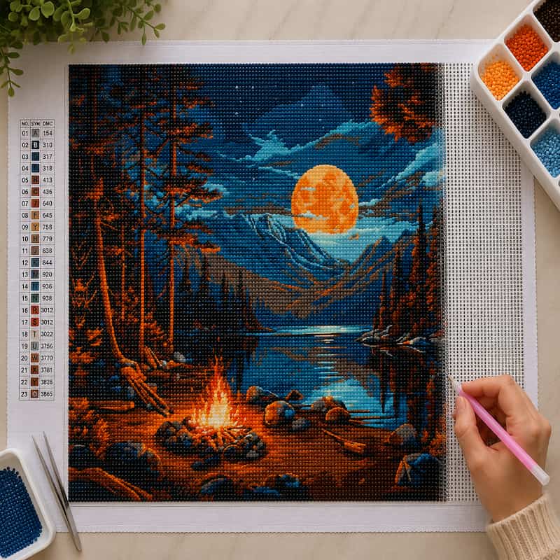 Diamond painting kit with a sunset over a lake scene, tools, and color chart on a table.