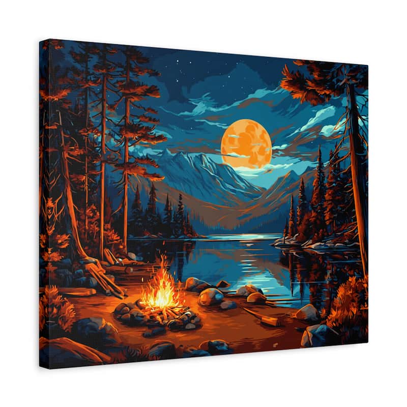 Canvas print of a mountain landscape with a campfire, lake, and moonlit sky.